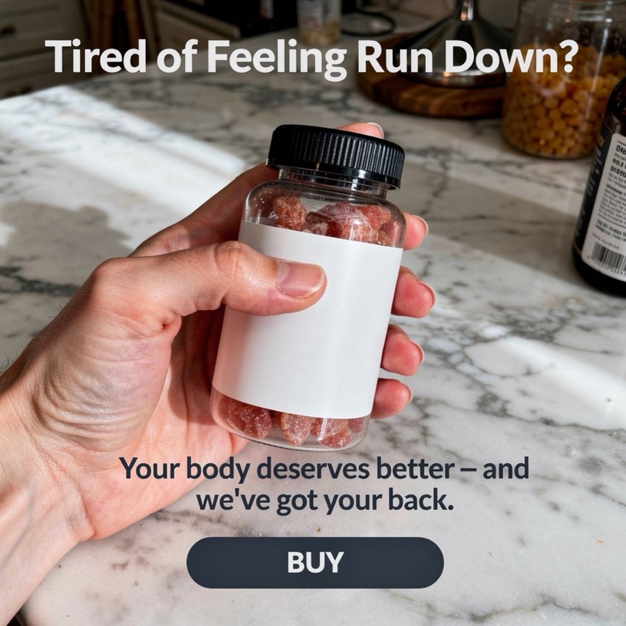 AdHalo ad: “Tired of Feeling Run Down?” over a supplement bottle held in a kitchen.