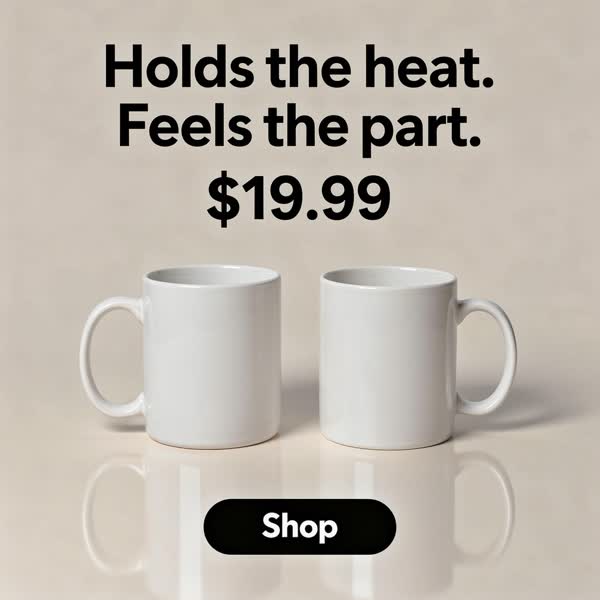 studio ad for ceramic mugs: “Holds the heat. Feels the part.”