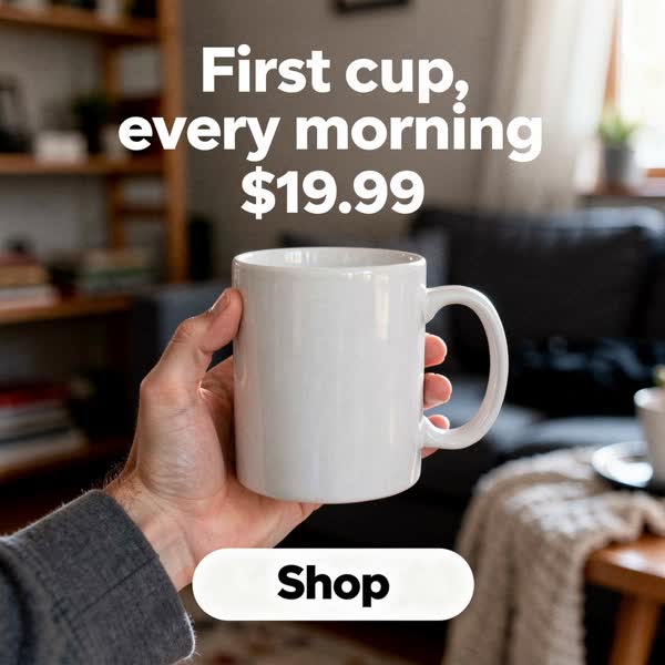 candid phone photo ad for ceramic mugs: “First cup, every morning.”
