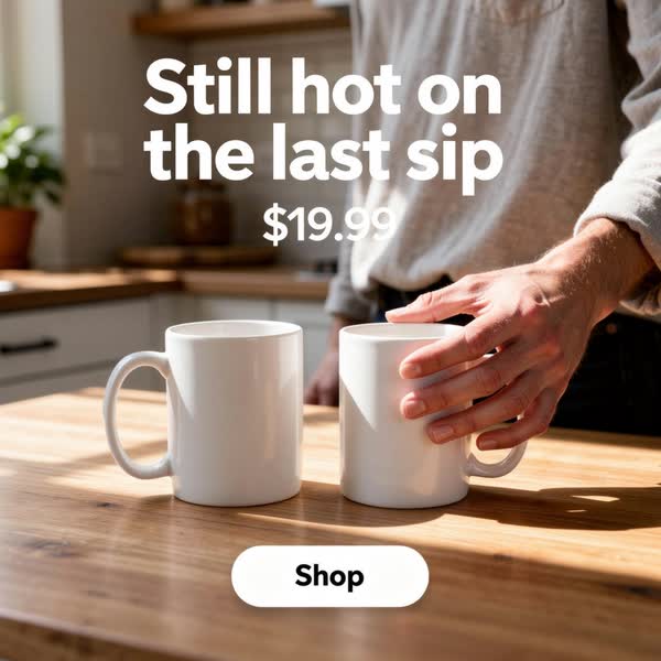 in use ad for ceramic mugs: “Still hot on the last sip.”