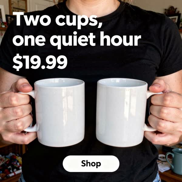 held by a person ad for ceramic mugs: “Two cups, one quiet hour.”