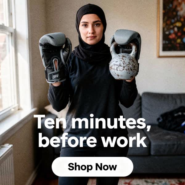 held by a person ad for home gym equipment: “Ten minutes, before work.”