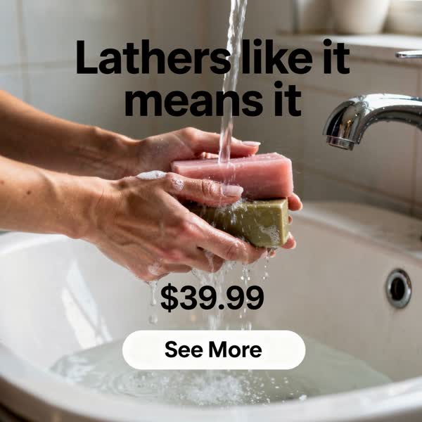 in use ad for handmade bar soap: “Lathers like it means it.”