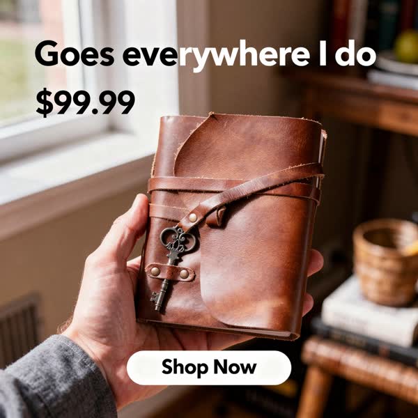 candid phone photo ad for a leather journal: “Goes everywhere I do.”