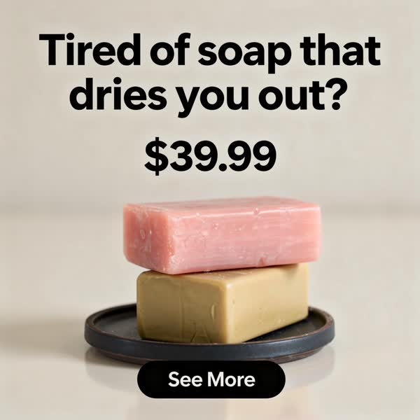 studio ad for handmade bar soap: “Tired of soap that dries you out?”