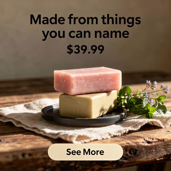 natural styling ad for handmade bar soap: “Made from things you can name.”