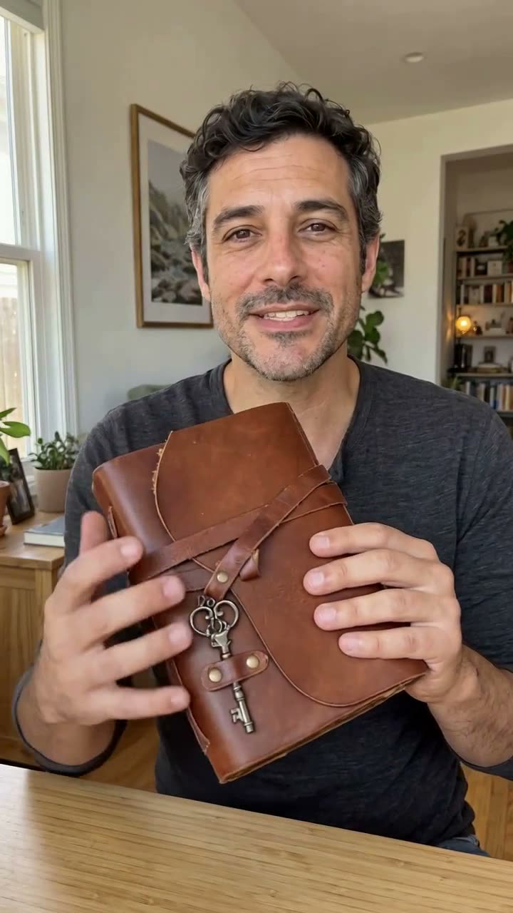 AI presenter showing leather journal