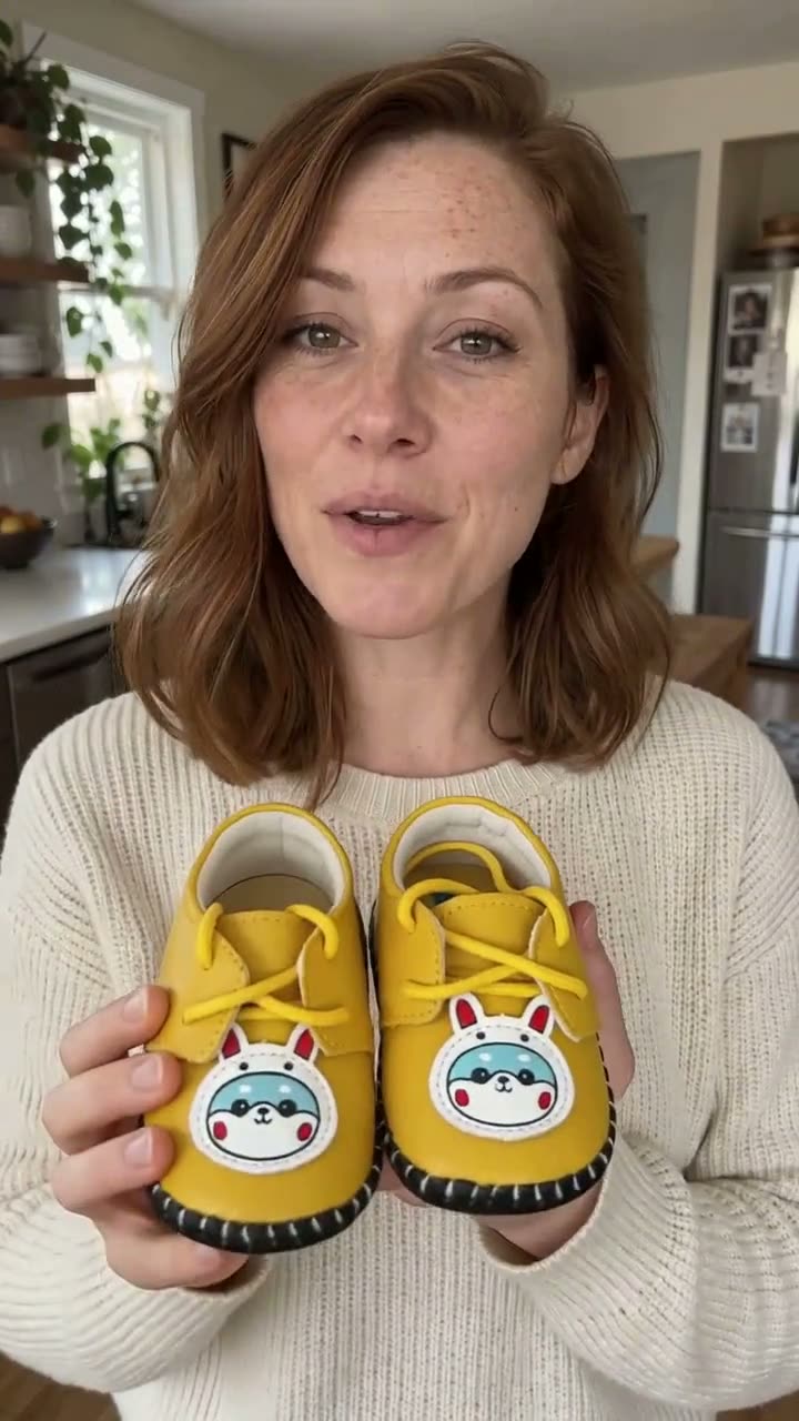 Emma, an AI presenter, holding yellow leather baby shoes in a 12-second AdHalo demo